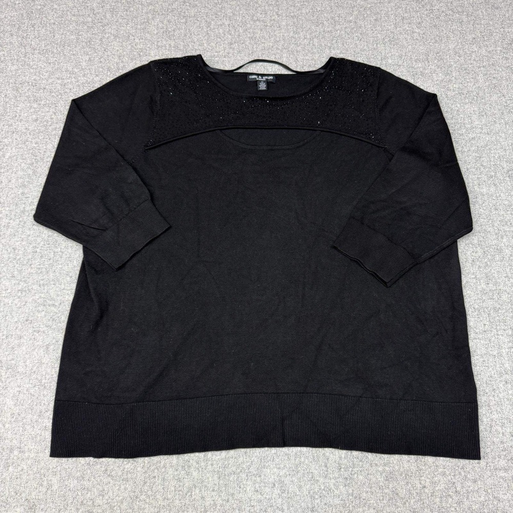 Cable & Gauge Woman Sweater 2X Black Beaded Cutout 3/4 Sleeve Knit Top 1055